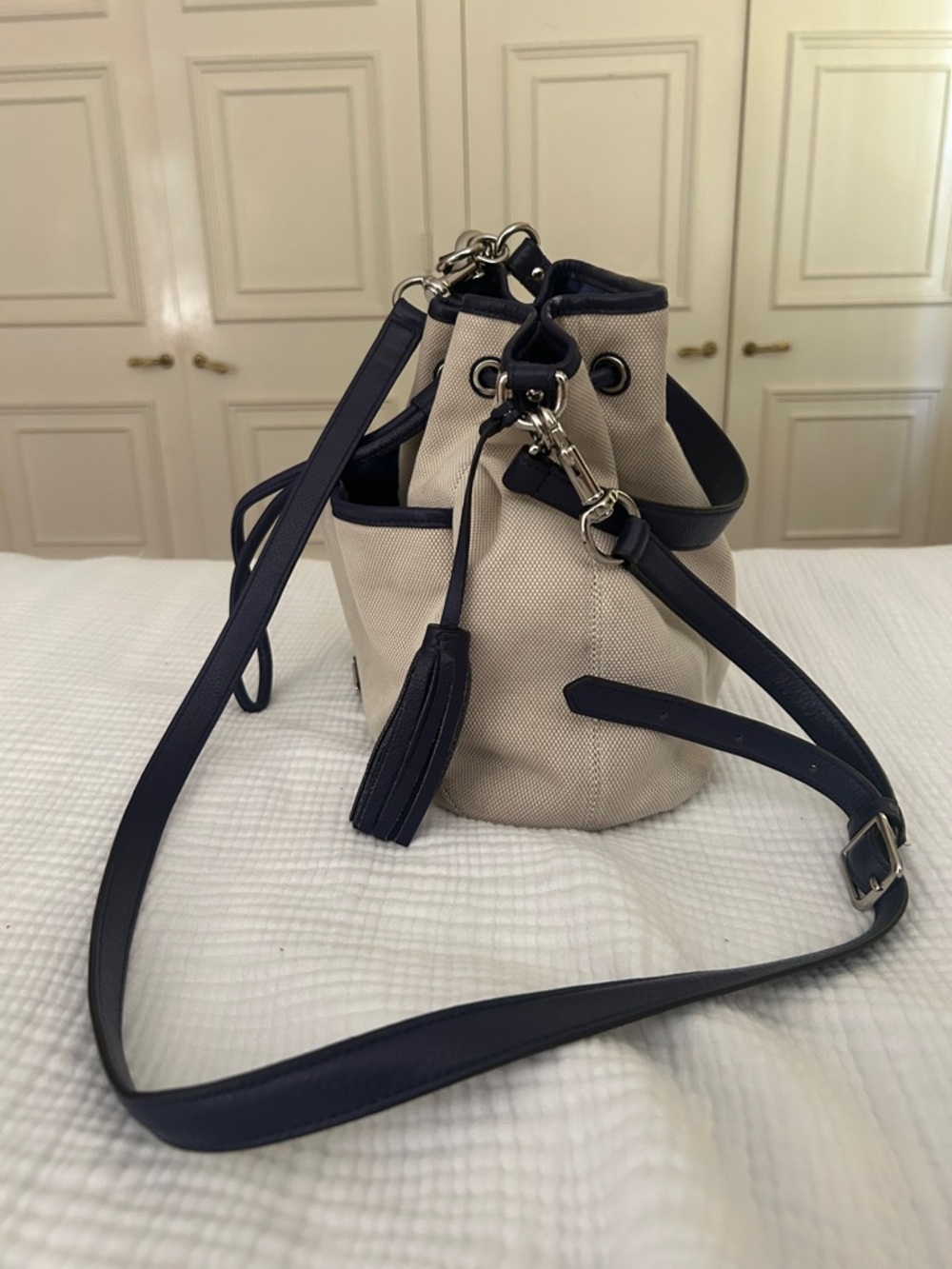 Coach Canvas + Navy Leather Drawstring Shoulder Bucket Bag Silver Hardware - Picture 2 of 14